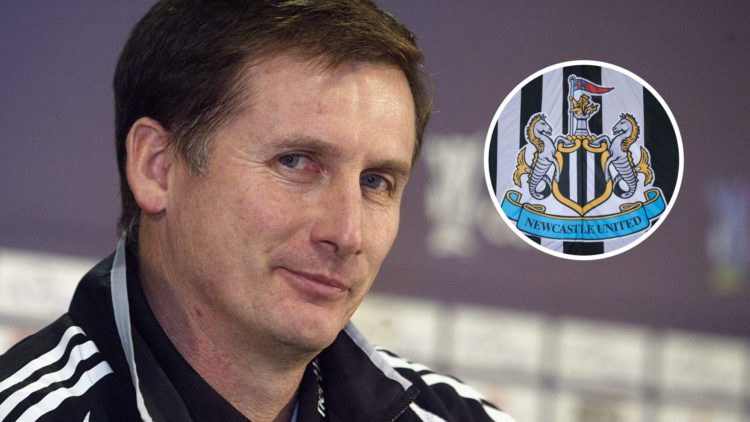 Glenn Roeder during a Newcastle United press conference in Frankfurt. Inset: the Newcastle United badge on a flag.