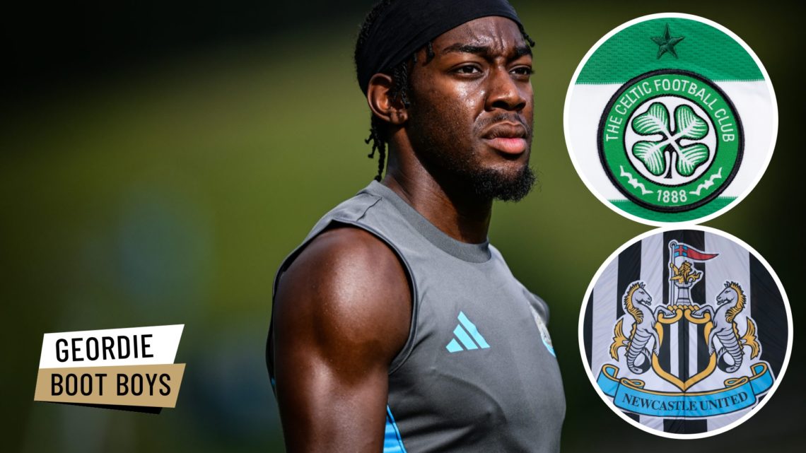 Anthony Elanga in pre-season training for Newcastle United. Inset 1, Celtic FC badge. Inset 2, Newcastle United badge.