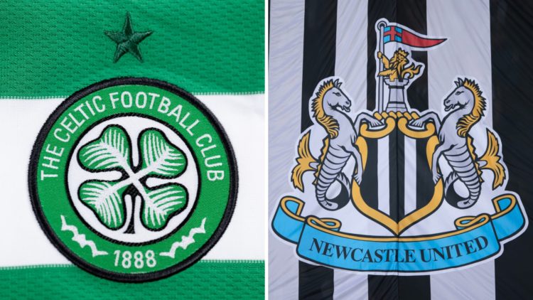 A close-up view of the Celtic badge. A detail view of the Newcastle United badge.
