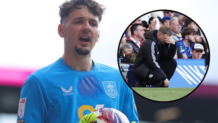 James Trafford shouts while holding a football. Inset: Eddie Howe on his haunches and holds his face in his hands.