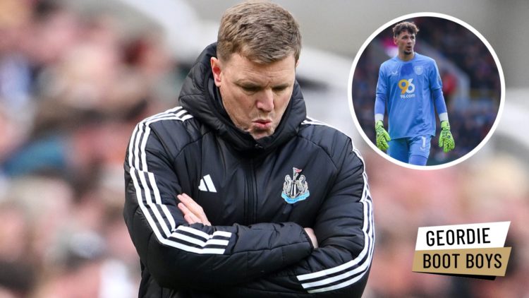 Eddie Howe reacts on the touchline during a Newcastle United game. James Trafford playing for Burnley.