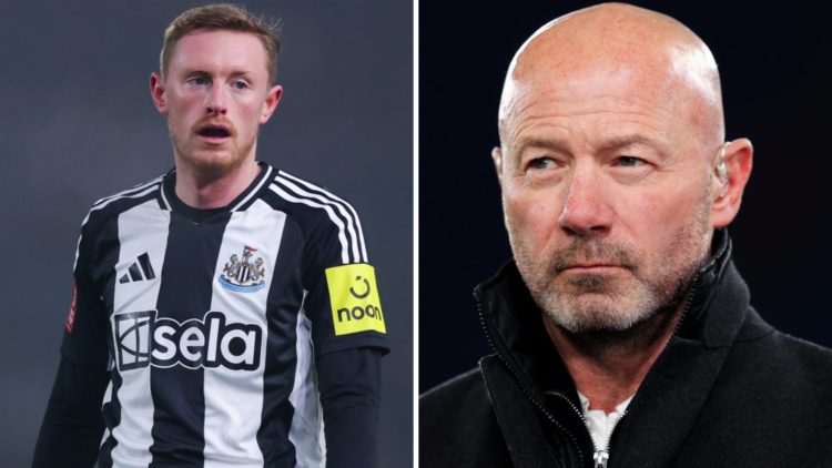 Sean Longstaff playing for Newcastle United. Alan Shearer working as a pundit.