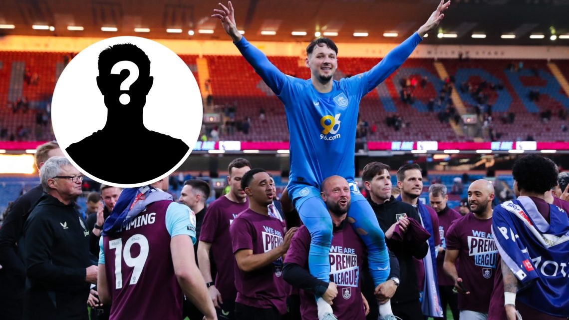 James Trafford is held on the shoulders of Burnley teammates after Premier League promotion is secured. Inset: a mystery player
