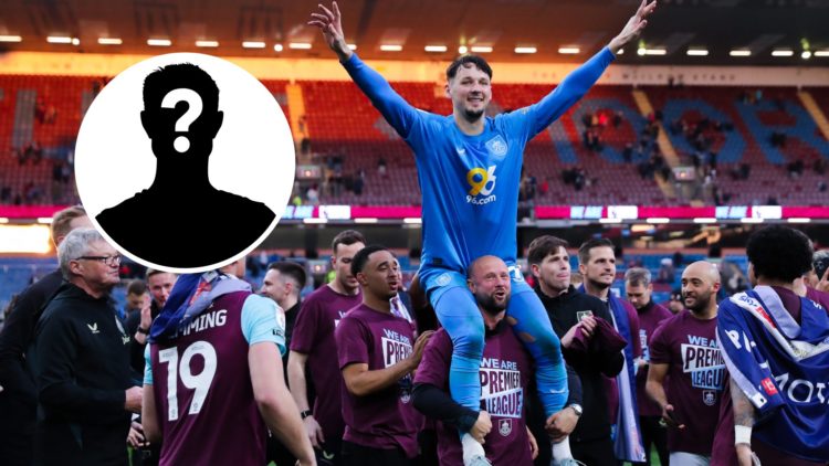 James Trafford is held on the shoulders of Burnley teammates after Premier League promotion is secured. Inset: a mystery player