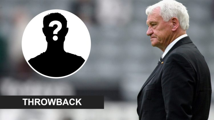 Inset, mystery person graphic. Bobby Robson on the touchline before Newcastle United play Southampton in the Premier League.