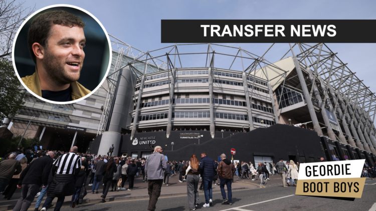 Exterior shot of St James' Park stadium. Inset: Fabrizio Romano, the Geordie Boot Boys logo and the Transfer news banner.