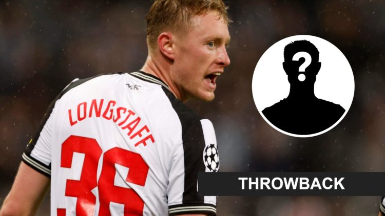 Sean Longstaff looks on during a Champions League game between Newcastle United and Paris Saint-Germain. Inset a mystery player and the throwback b...