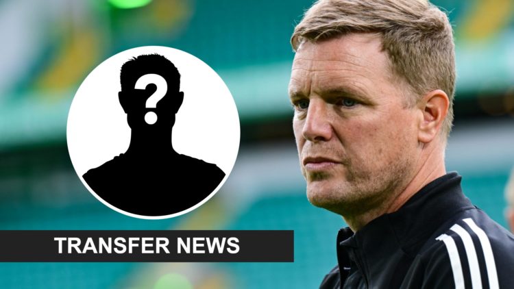 Eddie Howe arrives ahead of a pre-season game between Celtic and Newcastle United. Inset: a mystery player and a transfer news banner
