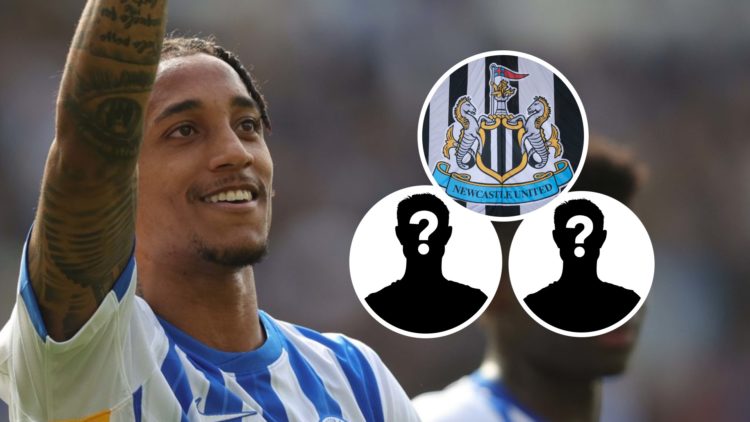 Joao Pedro celebrates scoring for Brighton, Newcastle United badge on a flag, mystery players