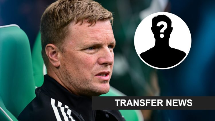 Eddie Howe sits on the bench before Newcastle United play Celtic. Inset, mystery person graphic.