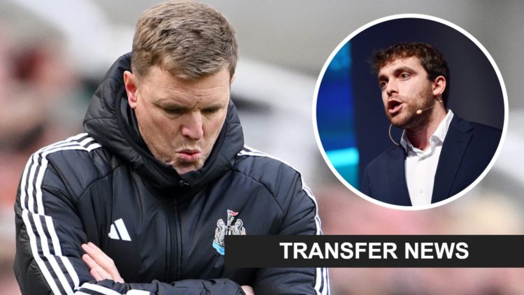 Eddie Howe reacts on the touchline during a Newcastle United game. Inset, Fabrizio Romano talks during the 2021 Web Summit.
