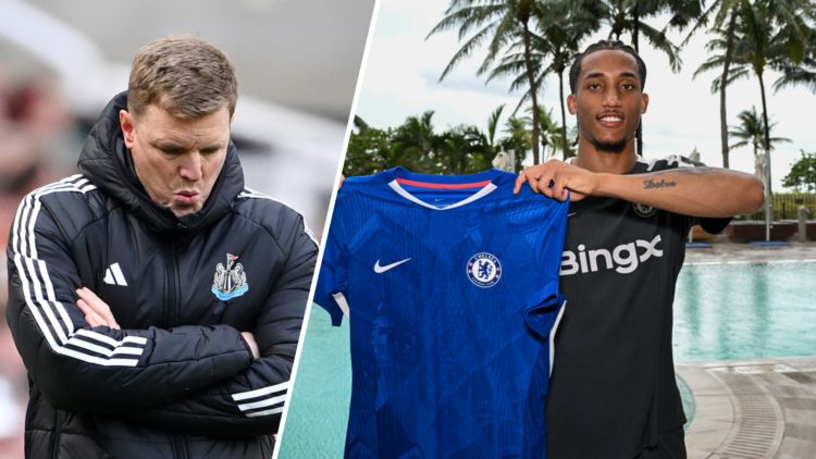 Newcastle United manager Eddie Howe looks to the ground, Joao Pedro is unveiled as a Chelsea player