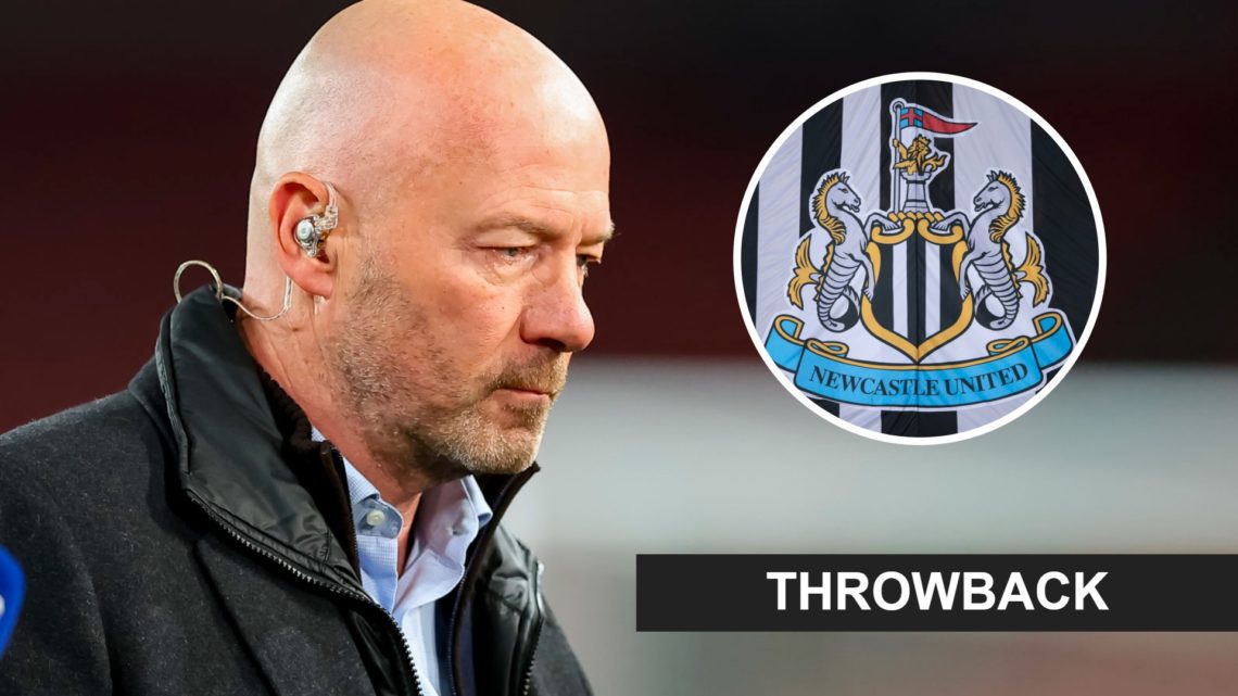 Alan Shearer doing punditry for a Champions League game between Arsenal and Shakhtar Donetsk. Inset: the Newcastle United badge on a flag and a thr...