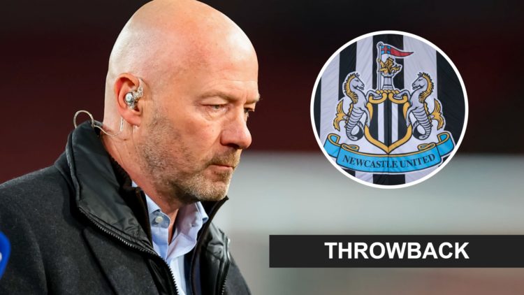 Alan Shearer doing punditry for a Champions League game between Arsenal and Shakhtar Donetsk. Inset: the Newcastle United badge on a flag and a thr...