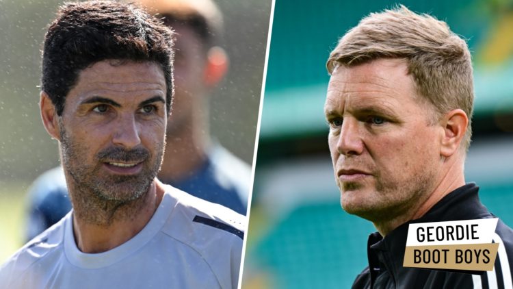 Mikel Arteta during an Arsenal pre-season training session. Eddie Howe is seen before Newcastle United play Celtic.
