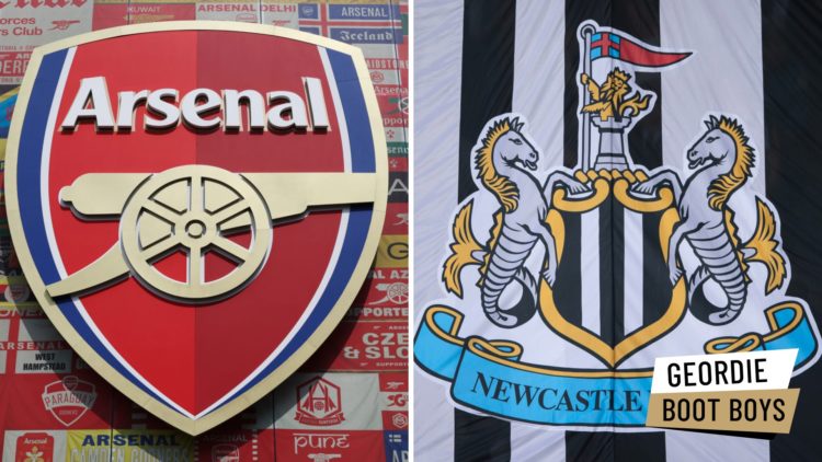 A detail view of the Arsenal FC badge outside of the Emirates Stadium. A close-up view of the Newcastle United club crest on a flag.