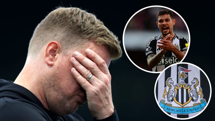 Eddie Howe reacts on the touchline during a Newcastle United game. Inset 1, Bruno Guimaraes shouts to Newcastle United teammates. Inset 2, detail v...