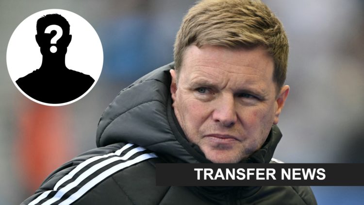 Inset, mystery person graphic. Newcastle United manager Eddie Howe looks on before a game.