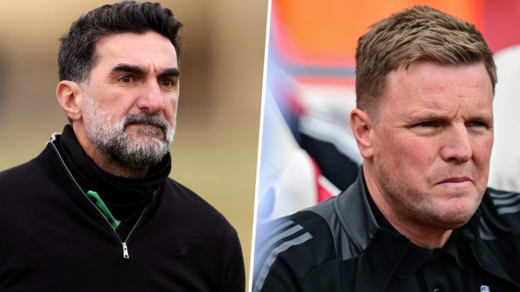 Newcastle United chairman Yasir Al-Rumayyan is pictured at a golf event. Eddie Howe is pictured in the dugout during Newcastle United's game agains...