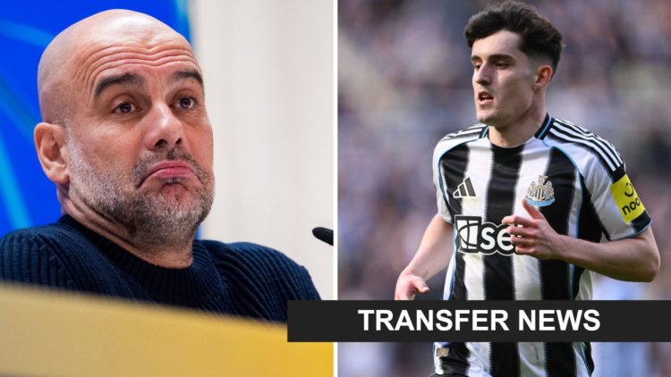 Pep Guardiola speaks during a Man City press conference. Tino Livramento playing for Newcastle United.