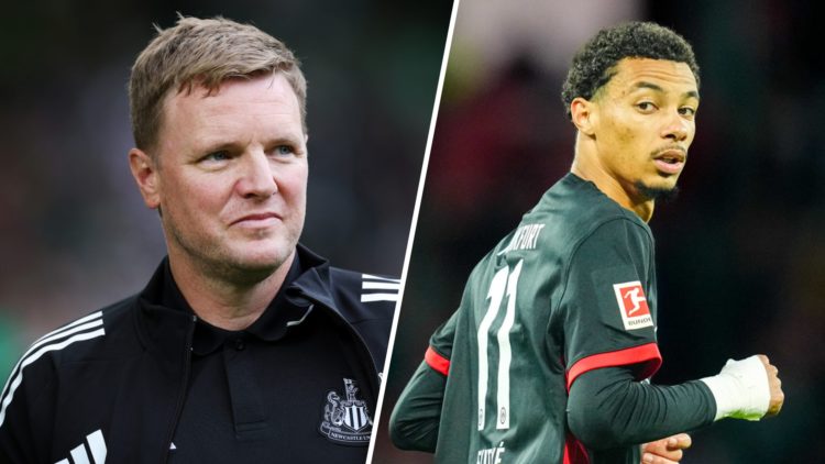 Newcastle United manager Eddie Howe looks on, Hugo Ekitike in action for Eintracht Frankfurt