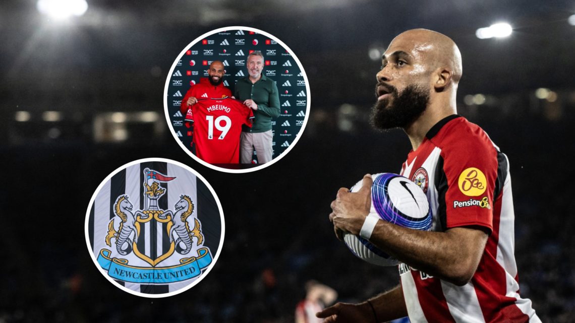 Bryan Mbeumo has the ball in his hand ahead of taking a set piece for Brentford against Leicester City. Inset: Bryan Mbeumo as a Manchester United ...
