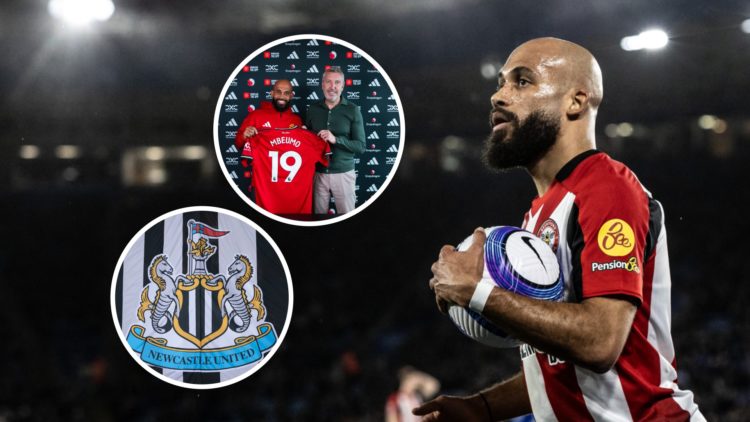 Bryan Mbeumo has the ball in his hand ahead of taking a set piece for Brentford against Leicester City. Inset: Bryan Mbeumo as a Manchester United ...