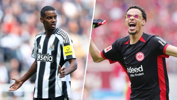 Alexander Isak playing for Newcastle United against Everton in the Premier League. Hugo Ekitike celebrates after an Eintracht Frankfurt win in the ...