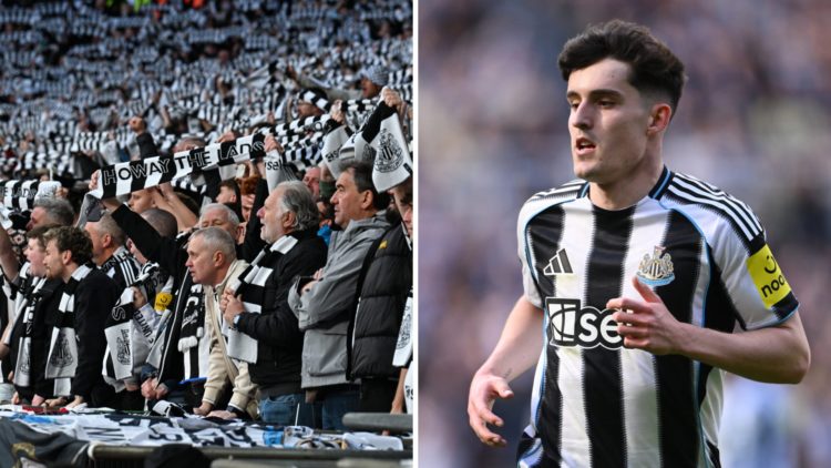 Newcastle United fans watch their team at Wembley, Tino Livramento in action for Newcastle United