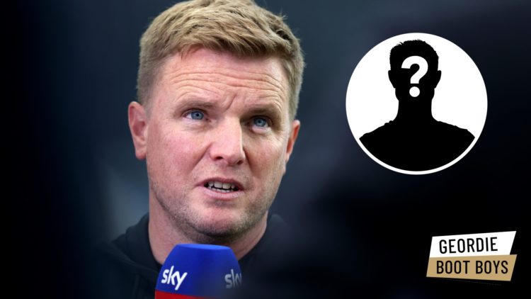 Newcastle United manager Eddie Howe speaks to Sky Sports before a Premier League game against Aston Villa. Inset: a mystery player and the Geordie ...