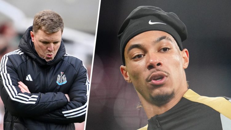 Eddie Howe looks to the ground during Newcastle United's Premier League game against Ipswich Town. Hugo Ekitike warms up for an Eintracht Frankfurt...