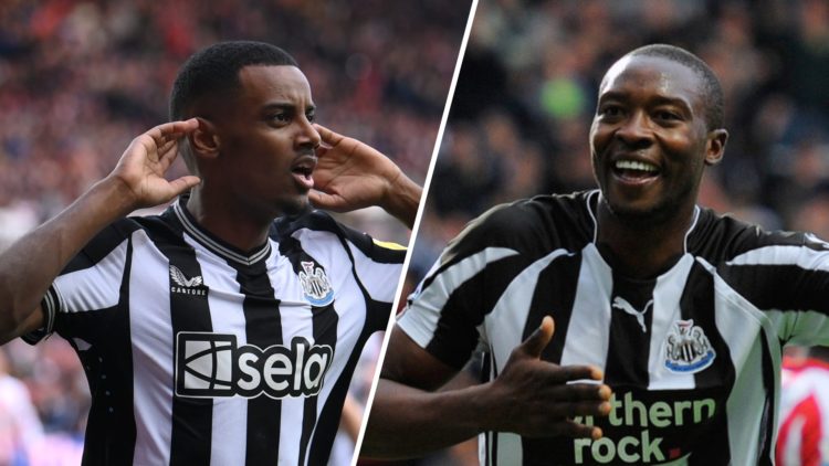 Split image: Alexander Isak celebrates scoring against Sunderland in 2024 (L). Shola Ameobi celebrates a goal against Sunderland in 2010.