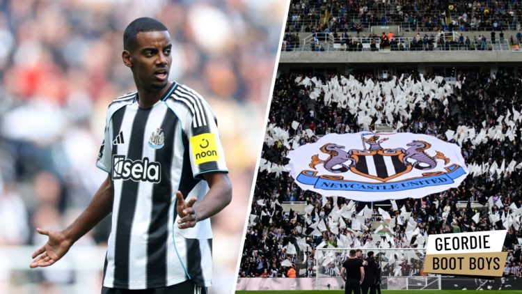 Alexander Isak playing for Newcastle United, Newcastle United badge displayed on a banner inside St James' Park