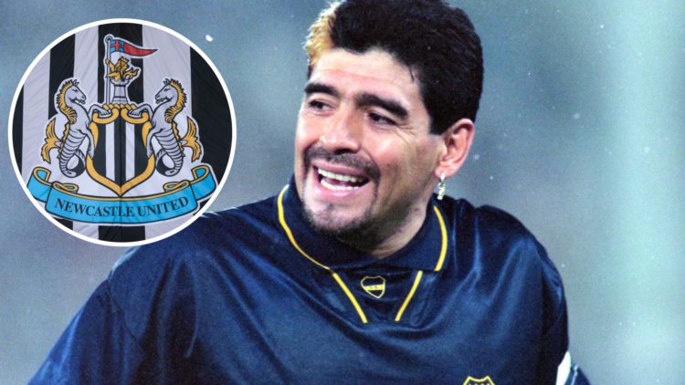 Inset, detail view of the Newcastle United badge. Diego Maradona playing for Boca Juniors in 1995.