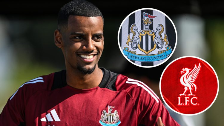 Alexander Isak in pre-season training for Newcastle. Inset 1, Liverpool FC badge. Inset 2, Newcastle United badge.
