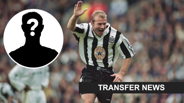 Inset, mystery person graphic. Alan Shearer celebrates scoring for Newcastle United in 1996.