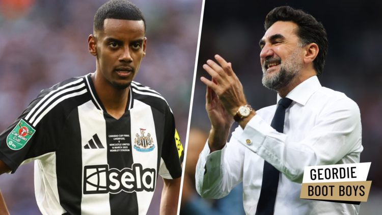 Alexander Isak playing for Newcastle United in the 2024/25 Carabao Cup final. Yasir Al-Rumayyan claps towards the Newcastle United fans.
