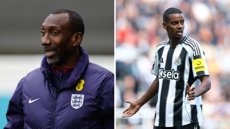 Jimmy Floyd Hasselbaink during an England training session, Alexander Isak playing for Newcastle United