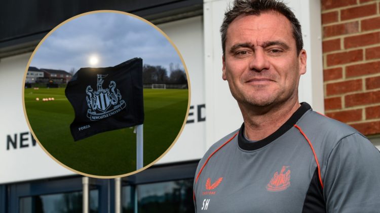 Steve Harper smiles in front of the Newcastle United academy entrance. Inset: Newcastle United corner flag at Whitley Park.