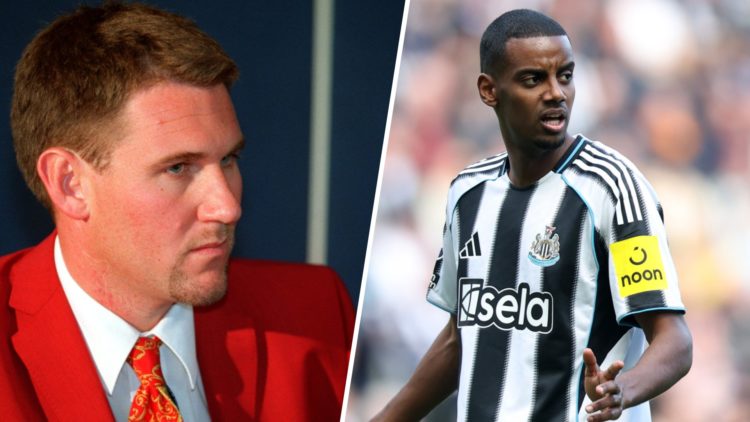 Simon Jordan speaks at a Crystal Palace press conference. Alexander Isak playing for Newcastle United.