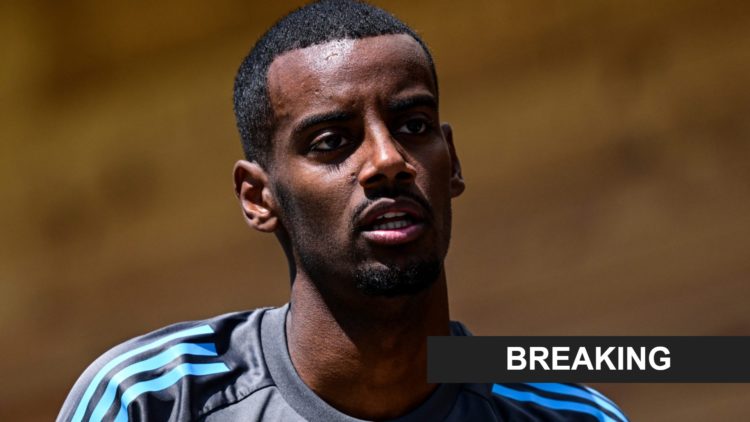 Alexander Isak during the Newcastle United Pre Season Training Session at FC Seefelder Plateau. Inset: a breaking news banner