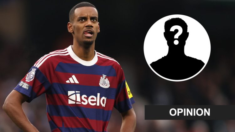 Alexander Isak during a Premier League game between Manchester City and Newcastle United. Inset: a mystery player and an opinion banner
