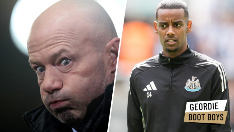 Alan Shearer reacts while working as a pundit. Alexander Isak warming up for Newcastle United.