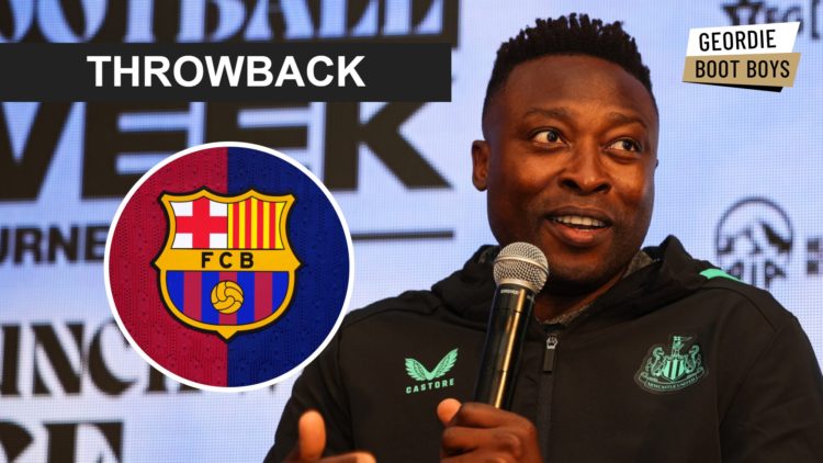 Shola Ameobi speaks at a Newcastle United supporters event, Barcelona badge