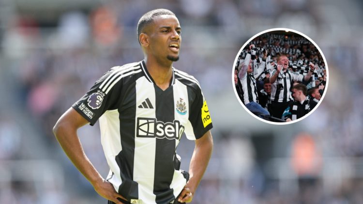 Alexander Isak holds his hands on his hips during Newcastle United vs Chelsea. Inset: Newcastle United fans at Wembley Stadium.