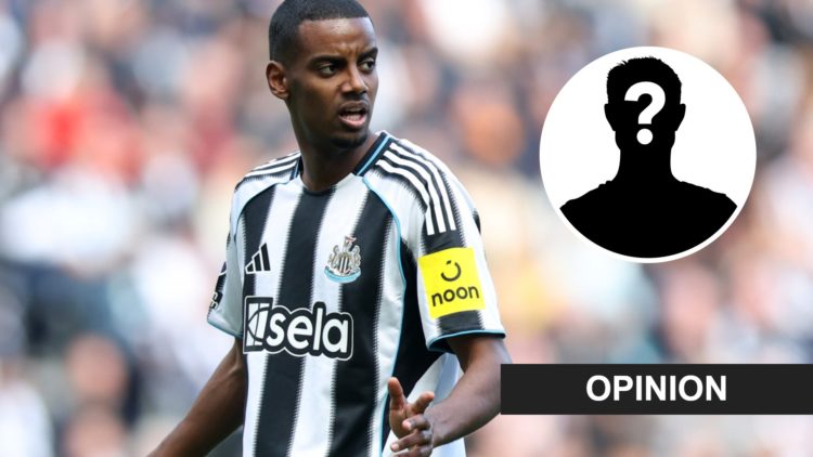 Alexander Isak playing for Newcastle United against Everton in the Premier League. Inset: a mystery player and an opinion banner.