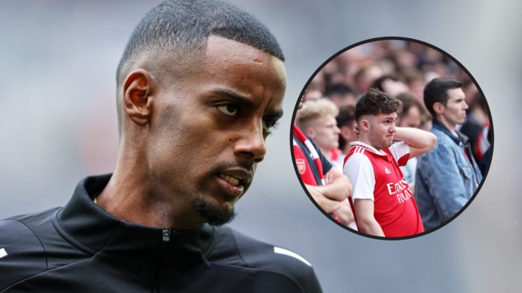Close up image of Alexander Isak. Inset: Arsenal fans rubs the back of his neck in a worried fashion.