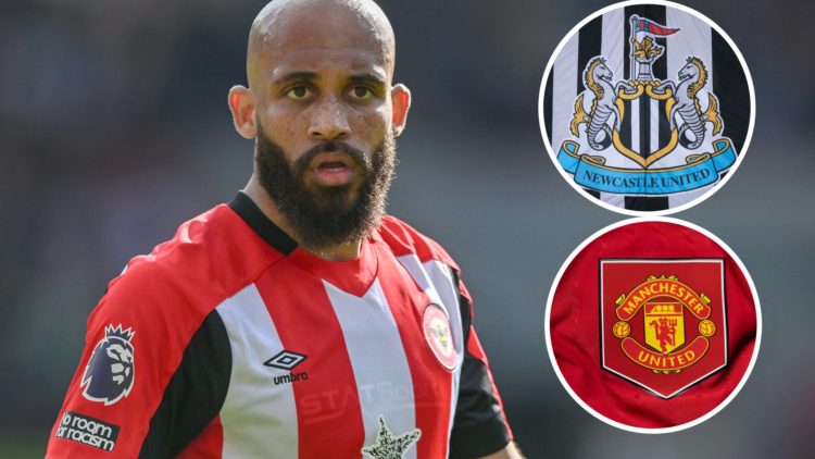 Bryan Mbeumo looks on while playing for Brentford in the Premier League. Inset 1, detail view of the Newcastle United badge. Inset 2, detailed view...