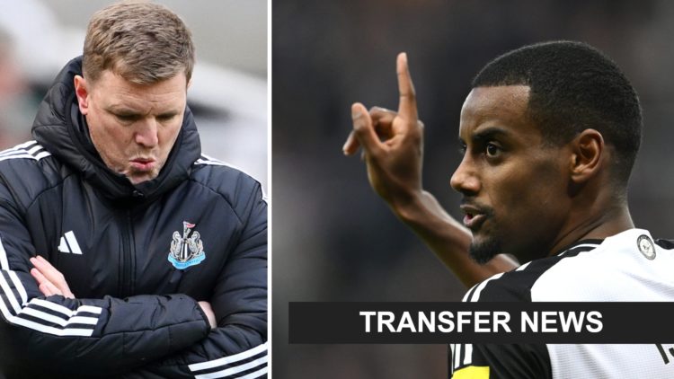 Eddie Howe reacts on the touchline while managing Newcastle United. Alexander Isak holding his finger up in the air while playing for Newcastle Uni...