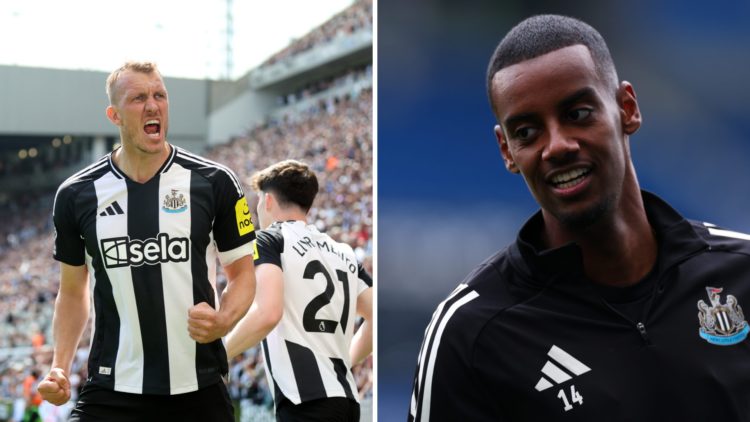 Dan Burn celebrates after Sandro Tonali scores for Newcastle United against Chelsea in the Premier League. Alexander Isak warms up ahead of Newcast...